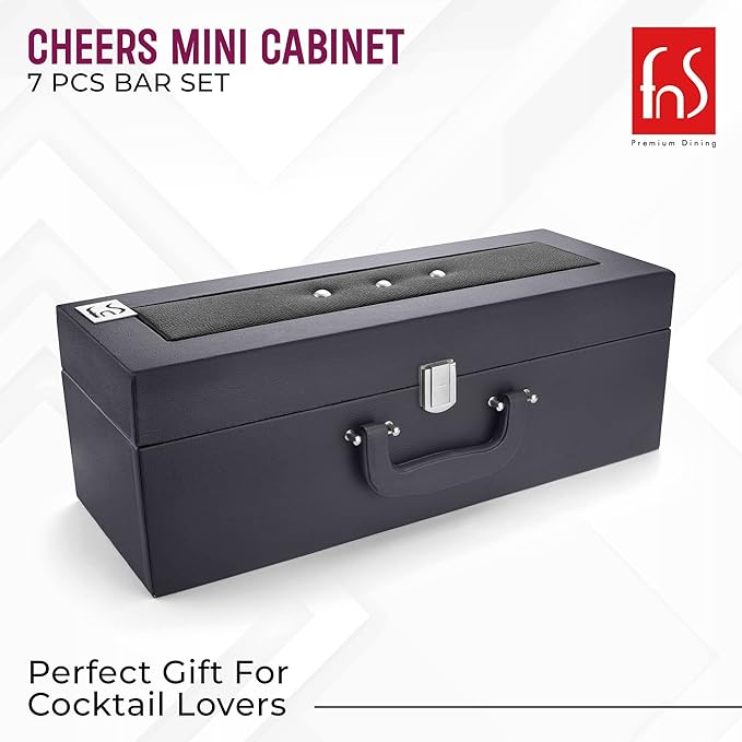 FNS Cheers Mini Cabinet compact grey leatherite storage box with handle and metal clasp closure