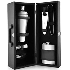 FNS Cheers Mini Cabinet open interior showing organized bar tools including shaker, flask, and accessories in black case