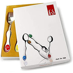 FnS Just for Kids cutlery set displayed in product packaging with white box showing child-friendly utensils with cheerful smiley face designs.Retry