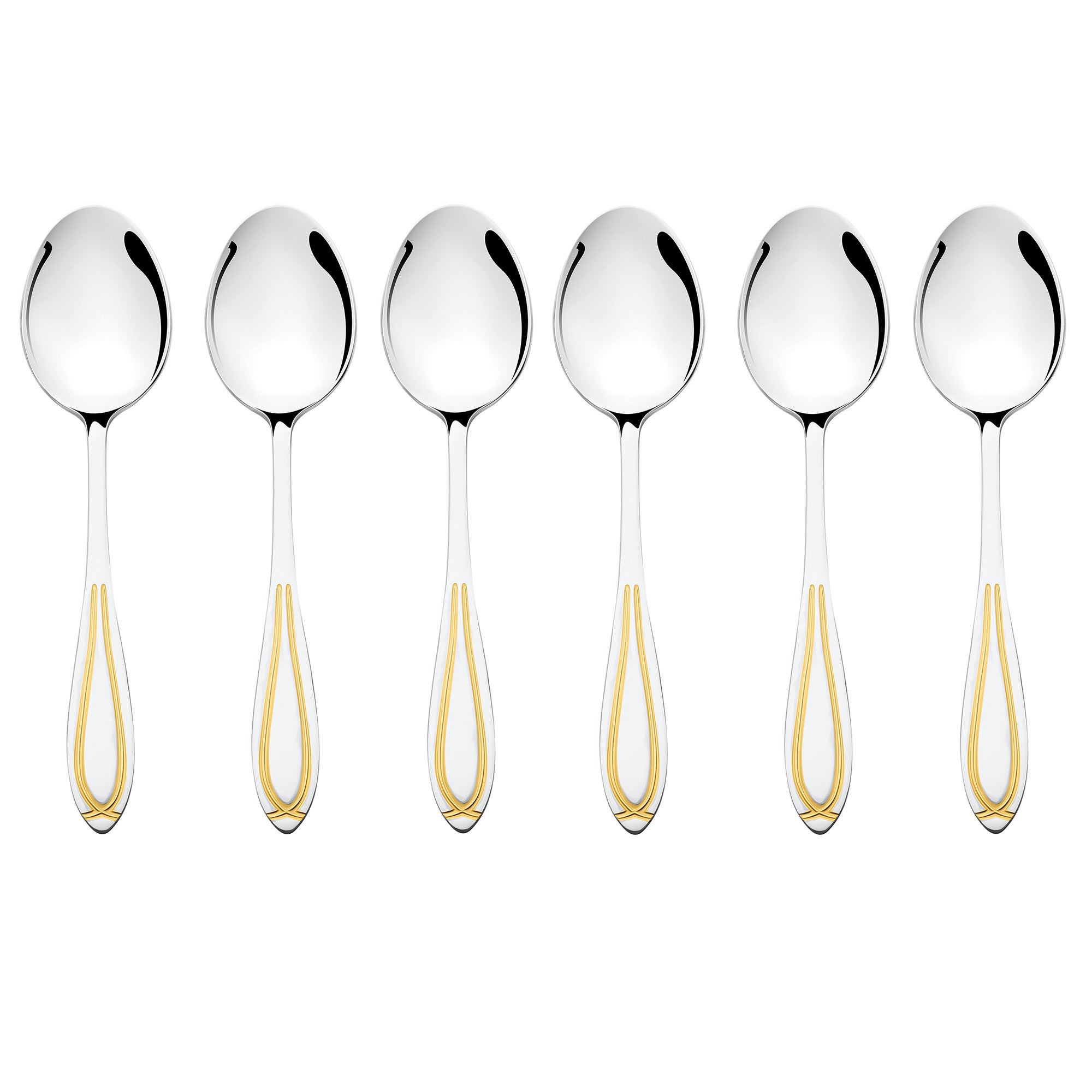 FNS Classic 6-piece dinner spoon set with 24-karat gold plated handles and mirror finish stainless steel, premium dining cutlery collection.