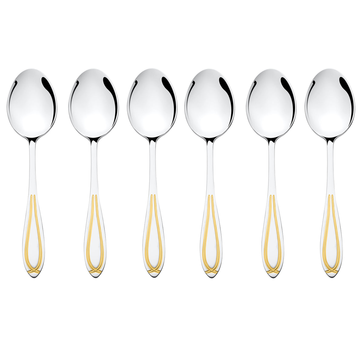 FNS Classic 6-piece dinner spoon set with 24-karat gold plated handles and mirror finish stainless steel, premium dining cutlery collection.