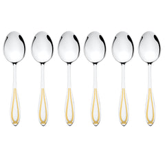 FNS Classic 6-piece dinner spoon set with 24-karat gold plated handles and mirror finish stainless steel, premium dining cutlery collection.