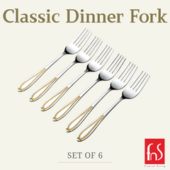 Classic dinner fork set of six with gold accents, branded as Premium Dining, displayed on beige background
