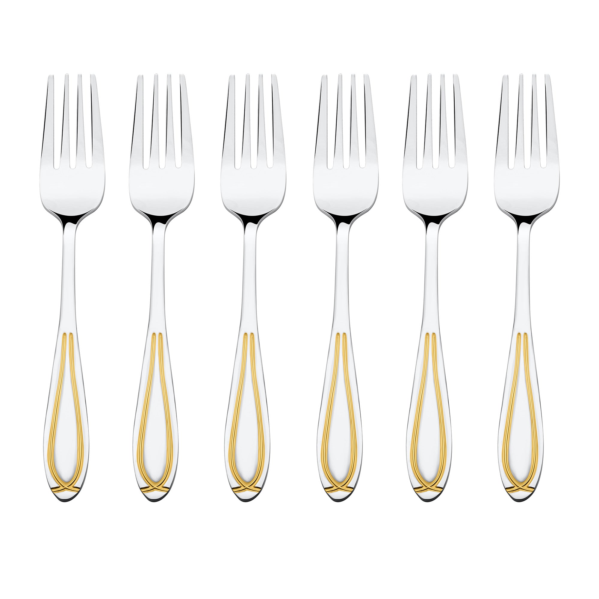 Set of six stainless steel dinner forks with gold-trimmed handles arranged in a row on white background