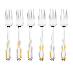 Set of six stainless steel dinner forks with gold-trimmed handles arranged in a row on white background
