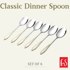 FNS Classic dinner spoon 18cm dimensions with 24-karat gold plated handle detail and mirror finish stainless steel construction for premium dining.