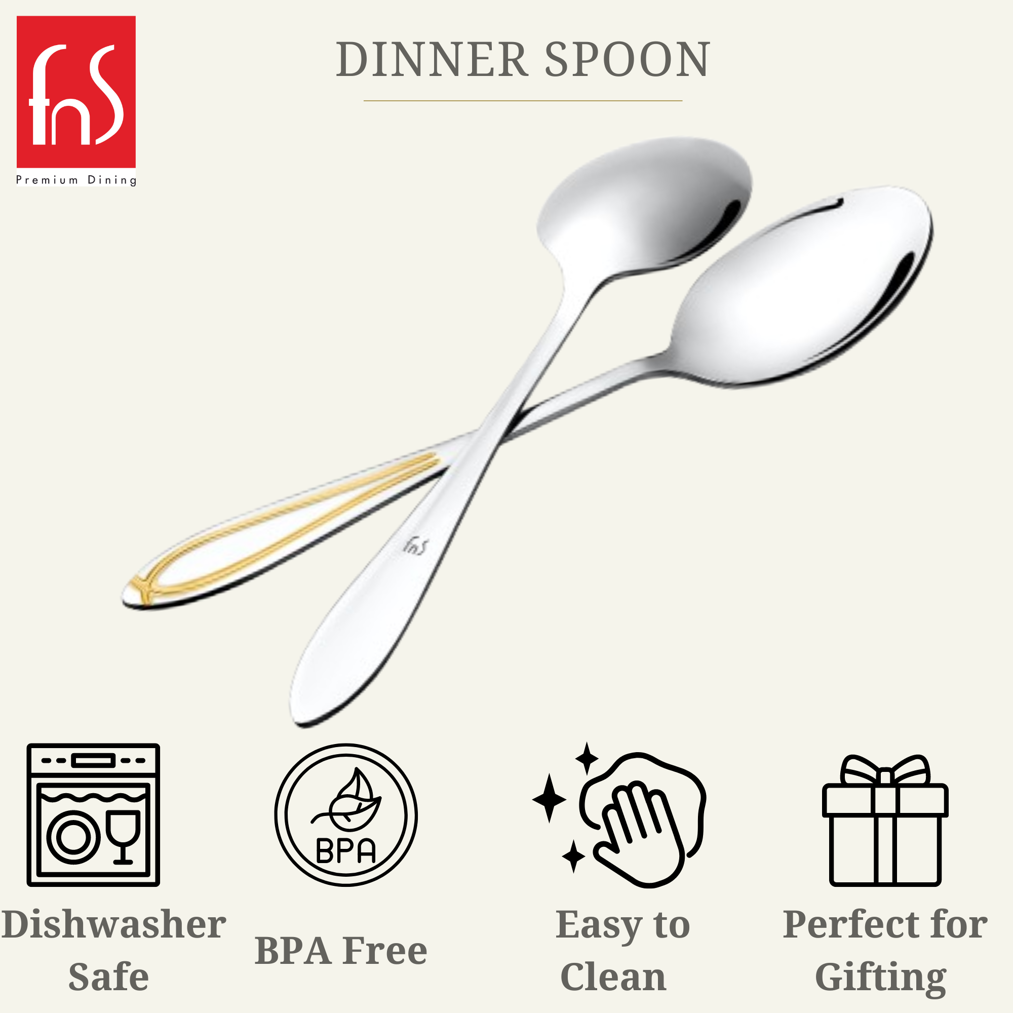 Close-up view of FNS Classic dinner spoons showcasing 24-karat gold plated handles with intricate design and mirror finish stainless steel bowls.