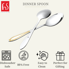 Close-up view of FNS Classic dinner spoons showcasing 24-karat gold plated handles with intricate design and mirror finish stainless steel bowls.