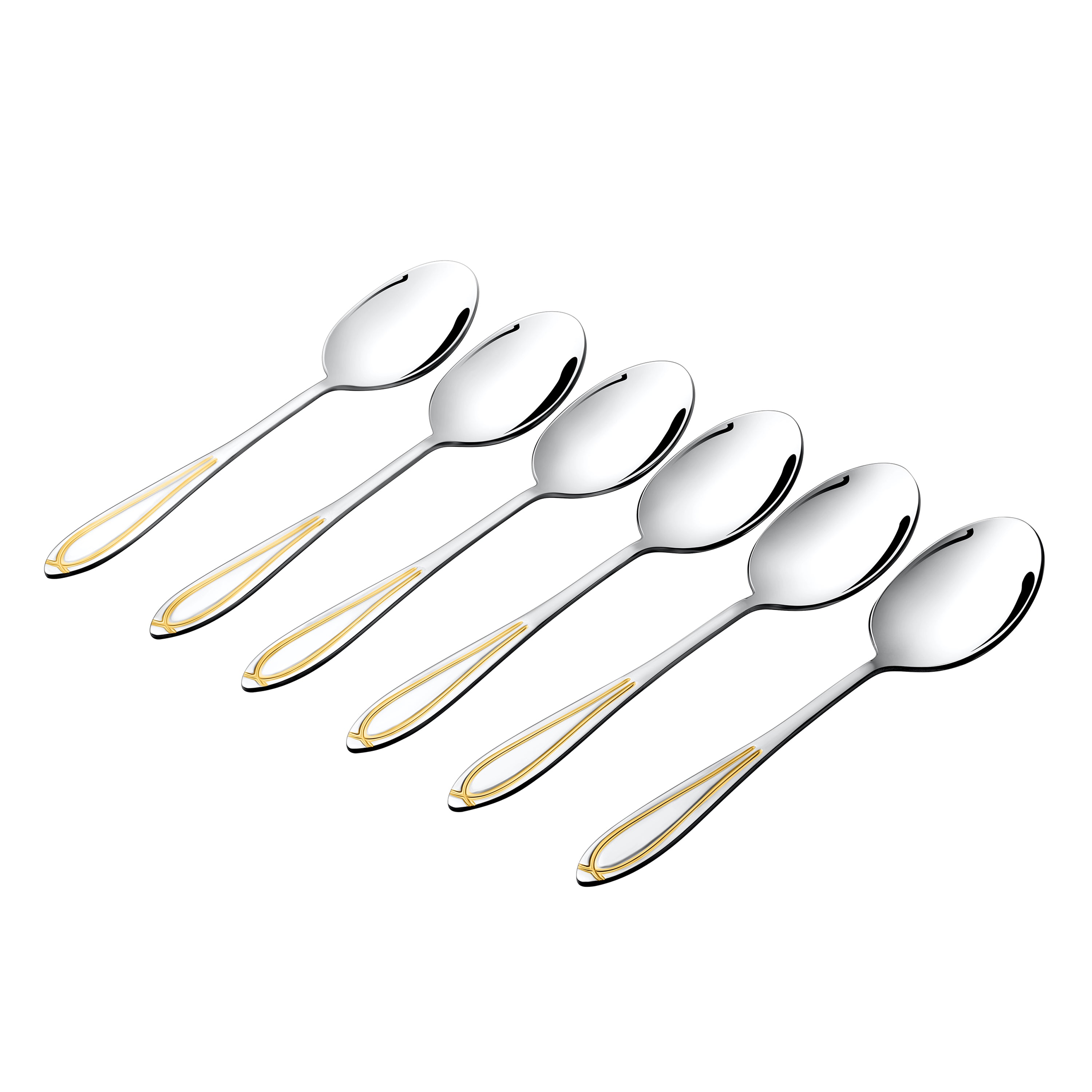 FNS Classic dinner spoon set of 6 with elegant gold plated handles displayed on cream background, sophisticated dining essentials.