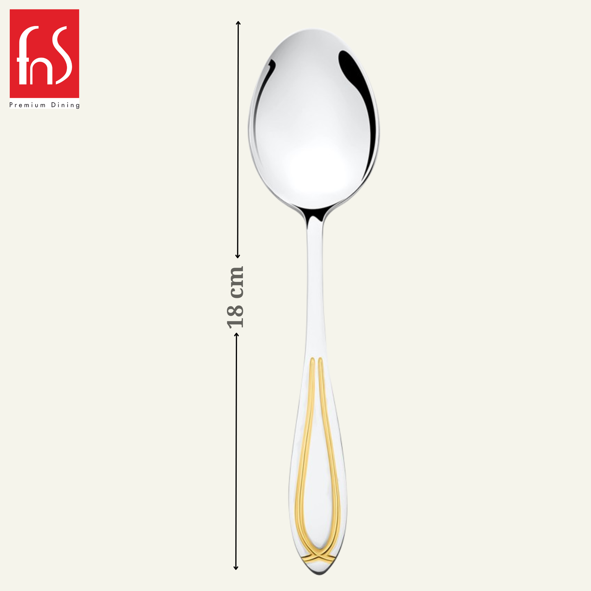 Six-piece FNS Classic dinner spoon set with gold plated handles arranged elegantly, durable stainless steel cutlery for home and kitchen dining.