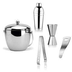 Complete 5-piece stainless steel bar set with mirror finish including all essential cocktail making tools on white background