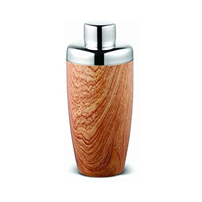 Cocktail shaker with natural wood grain finish, polished chrome cap, and classic tapered design