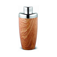 Cocktail shaker with natural wood grain finish, polished chrome cap, and classic tapered design