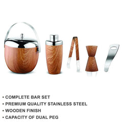 FNS complete bar set featuring wood grain exterior, premium stainless steel construction, and dual peg measuring capacity