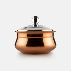fns copper finish stainless steel handi with glass lid and steel knob, front view on grey background
