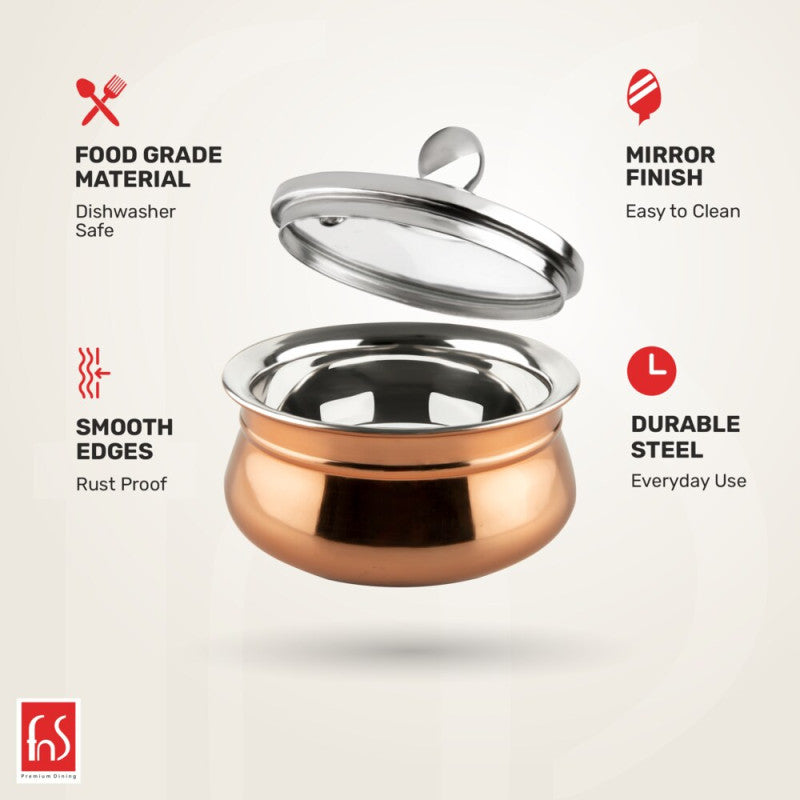 fns copper finish stainless steel handi with open glass lid features infographic highlighting food grade material, mirror finish, smooth rust proof edges and durable steel for everyday use