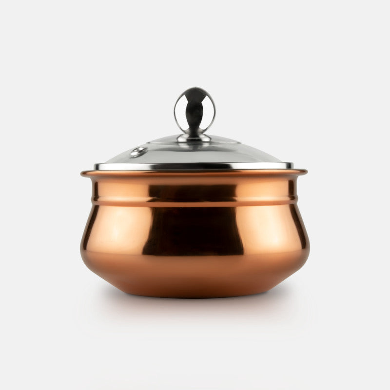 fns copper finish stainless steel handi with glass lid and steel knob, front view on grey background