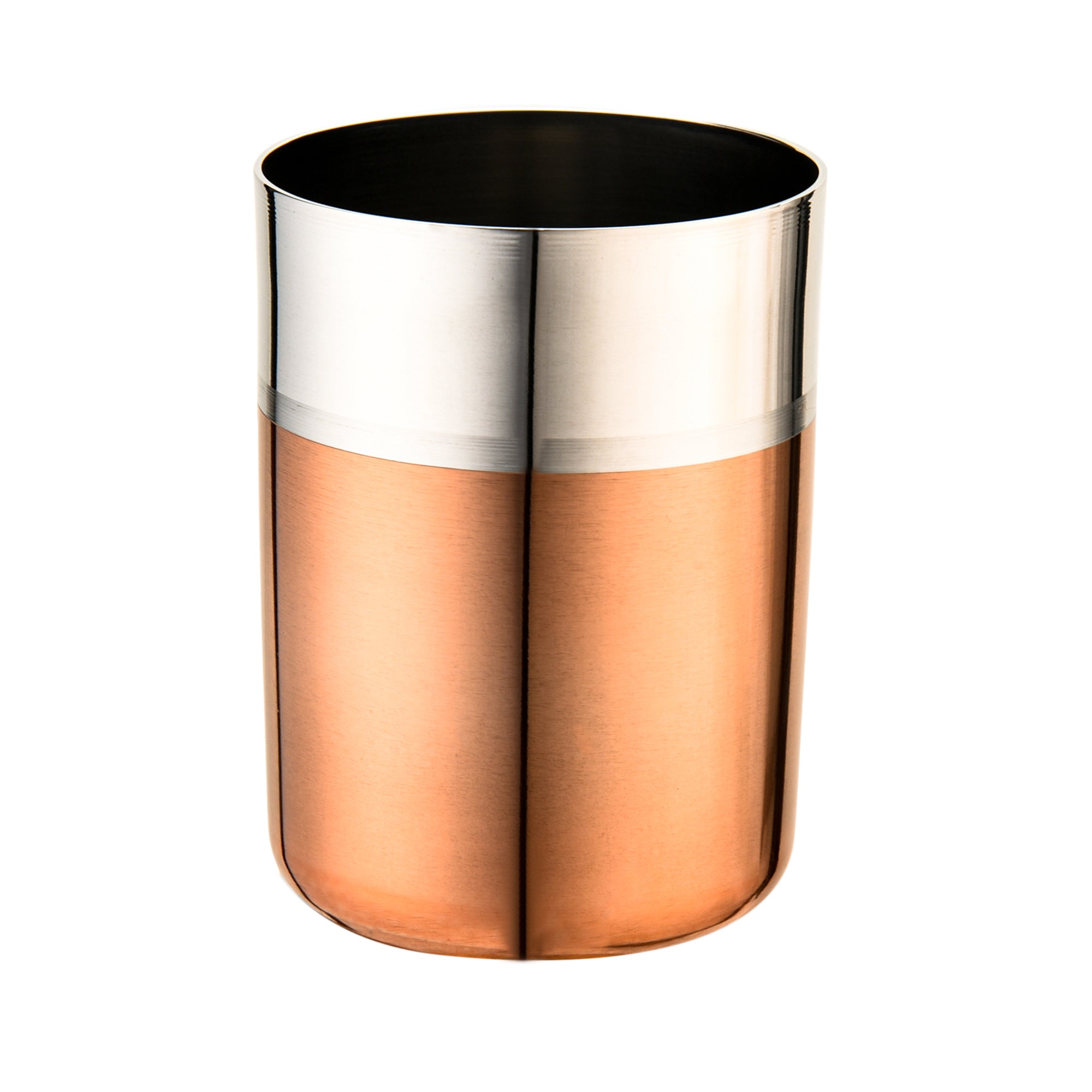 Rose gold stainless steel lidded water jug with side handle on a wooden table, flanked by juice bottles with blurred people in a bright indoor background.