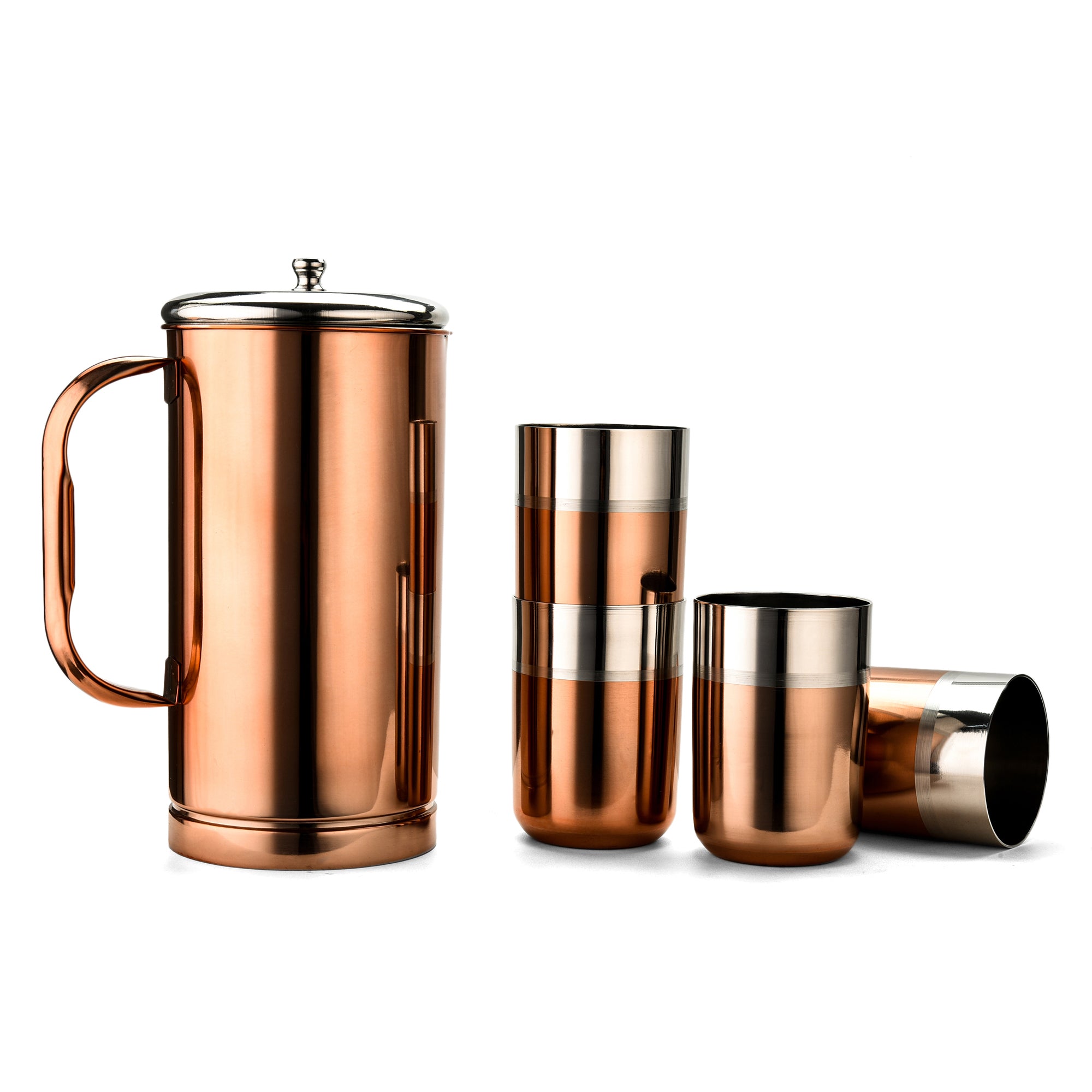 Tall rose gold stainless steel water jug with silver lid, knob finial, and side handle, featuring a smooth cylindrical body with a ringed base, on white background.