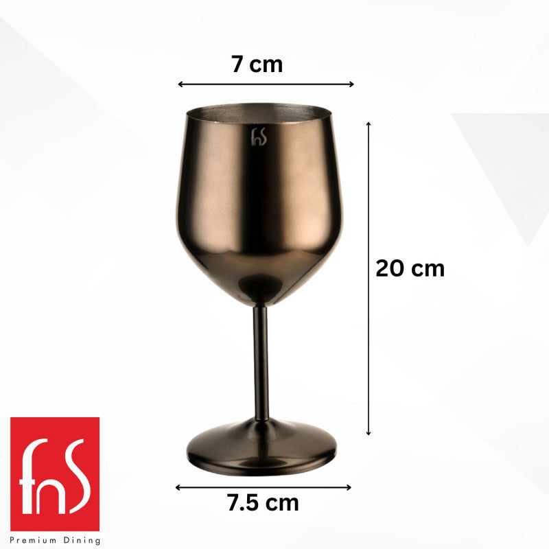 FNS Premium Dining black stainless steel wine glass with dimension callouts showing 7cm diameter, 20cm height, and 7.5cm base width