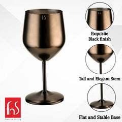 FNS Premium Dining black stainless steel wine glass with closeup callouts highlighting exquisite black finish, tall elegant stem, and flat stable base