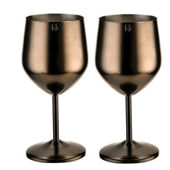 Pair of FNS black stainless steel stemmed wine glasses with bronze-black finish displayed side by side on white background