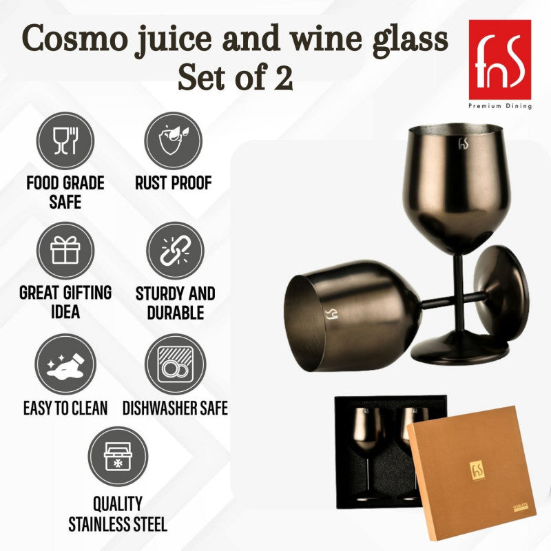 FNS Cosmo juice and wine glass set of 2 features infographic showing food grade safe, rust proof, gifting idea, sturdy, easy to clean, dishwasher safe, and quality stainless steel, with gift box