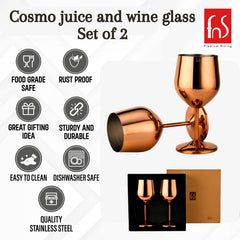 A product infographic for the FNS Cosmo Juice and Wine Glass Set of 2 in rose gold, featuring seven feature icons — Food Grade Safe, Rust Proof, Great Gifting Idea, Sturdy and Durable, Easy to Clean, Dishwasher Safe, and Quality Stainless Steel — alongside an image of two rose gold goblets leaning together and a photo of the set displayed in a black foam-lined gold gift box.