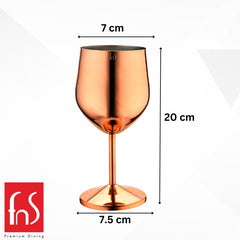 A single rose gold-finish stainless steel wine goblet with dimension annotations showing 7 cm width at the top, 7.5 cm base diameter, and 20 cm total height, displayed against a white background with the FNS Premium Dining logo in the bottom-left corner.