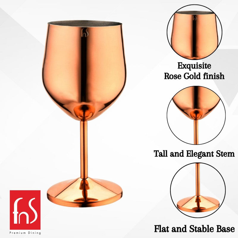 A rose gold-finish stainless steel wine goblet displayed alongside three close-up circular detail shots highlighting its key features: Exquisite Rose Gold Finish (rim close-up), Tall and Elegant Stem (stem close-up), and Flat and Stable Base (base close-up), with the FNS Premium Dining logo in the bottom-left corner.