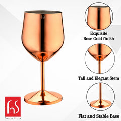 A rose gold-finish stainless steel wine goblet displayed alongside three close-up circular detail shots highlighting its key features: Exquisite Rose Gold Finish (rim close-up), Tall and Elegant Stem (stem close-up), and Flat and Stable Base (base close-up), with the FNS Premium Dining logo in the bottom-left corner.
