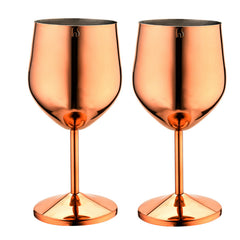 Two identical rose gold-finish stainless steel wine goblets with FNS branding standing side by side on a white background, showcasing the flat round base, slender stem, and wide bowl design.
