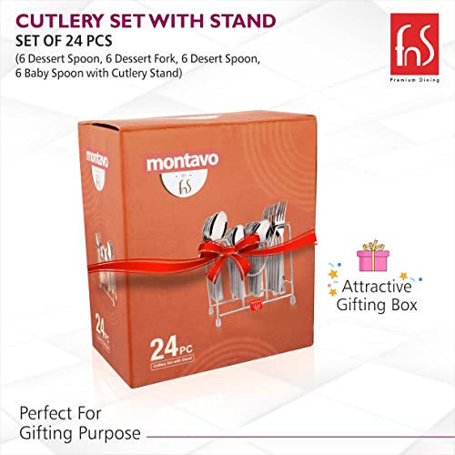 Attractive orange gifting box containing 24-piece cutlery set, shown with decorative bow and branding elements.
