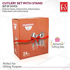 Attractive orange gifting box containing 24-piece cutlery set, shown with decorative bow and branding elements.