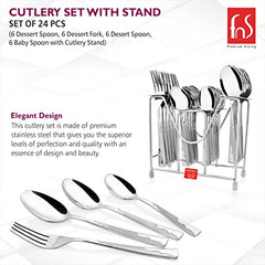 Full stainless steel cutlery set displayed with storage stand, featuring four utensils shown separately below.