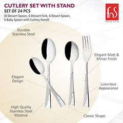 Detailed labeled features of stainless steel cutlery, showcasing mirror finish, classic shape, and durable material.