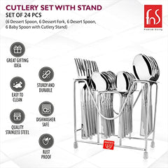 Cutlery stand highlighted with icons emphasizing gifting, easy cleaning, durability, dishwasher safety, and rustproof design.