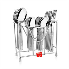 Close-up view of organized stainless steel cutlery set neatly arranged within a sturdy metal stand.
