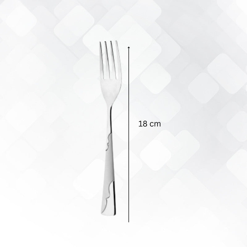 Single stainless steel dinner fork with measurement showing 18 cm length against white backgroundRetry