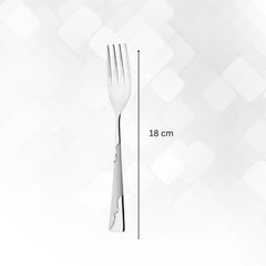Single stainless steel dinner fork with measurement showing 18 cm length against white backgroundRetry