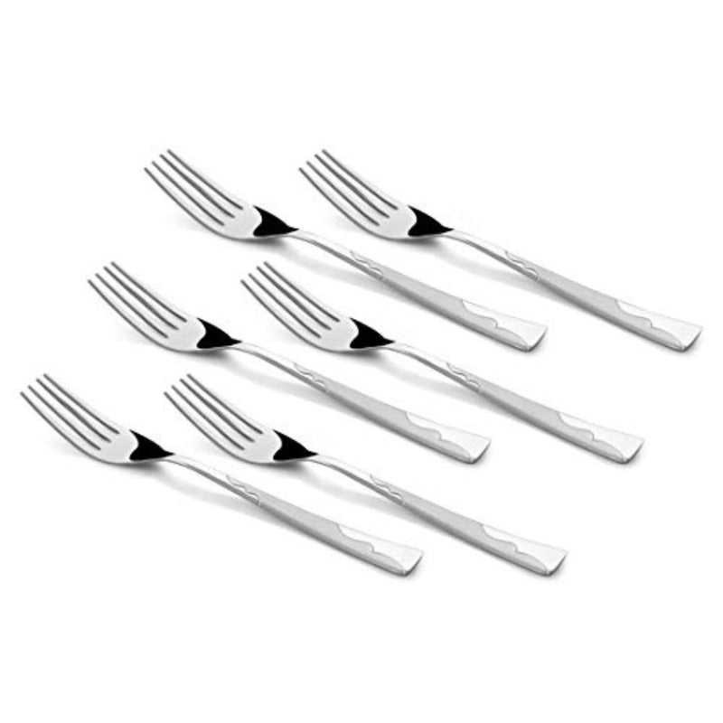 Six stainless steel dinner forks with decorative handles arranged in rows against white background
