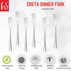 FnS Creta dinner fork set marketing image showing six forks with feature icons below