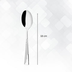 Single FNS Creta dinner spoon with 18cm length measurement specification showing distinctive textured handle design and mirror-polished finish