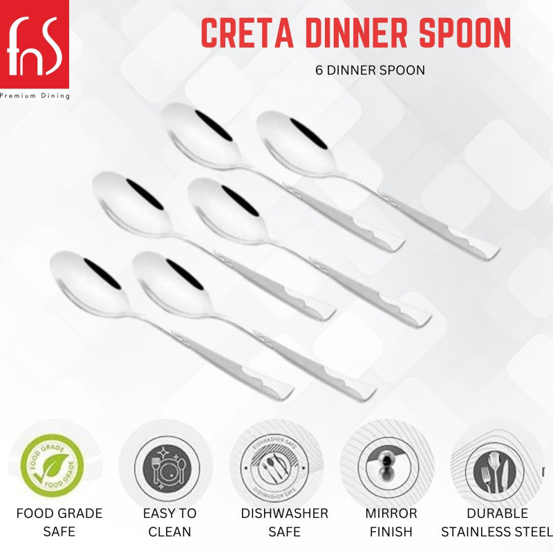 FNS Creta dinner spoon 6-piece set product infographic showing food grade safe, easy to clean, dishwasher safe, mirror finish and durable stainless steel features