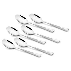 FNS Creta 6-piece stainless steel dinner spoon set with unique textured wave pattern handles and mirror-polished bowls arranged on white background