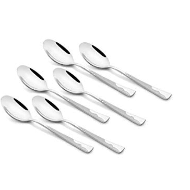 Six-piece Creta Teaspoon collection displayed in isometric view, showcasing matching stainless steel teaspoons with mirror polish and uniform proportions.