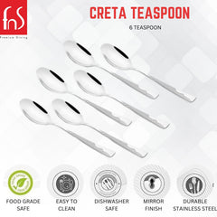 Creta Teaspoon set of six stainless steel teaspoons with mirror finish, featuring food-grade safe, easy-to-clean, dishwasher-safe, and durable construction icons.