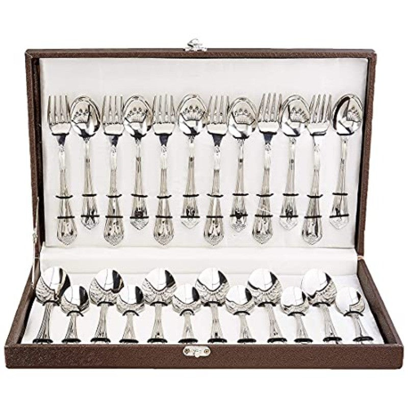24-piece cutlery set with ornate handles displayed in elegant open brown case with secure interior straps.