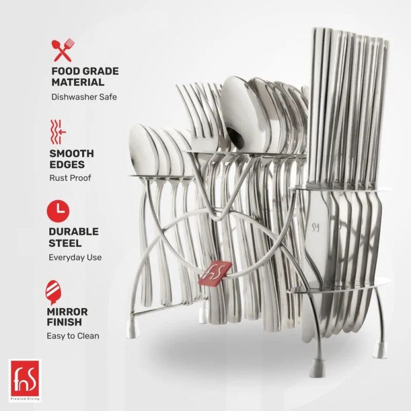 Stainless steel 24-piece cutlery set with stand, featuring mirror finish, smooth edges, and durability.