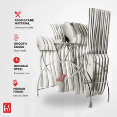 Stainless steel 24-piece cutlery set with stand, featuring mirror finish, smooth edges, and durability.